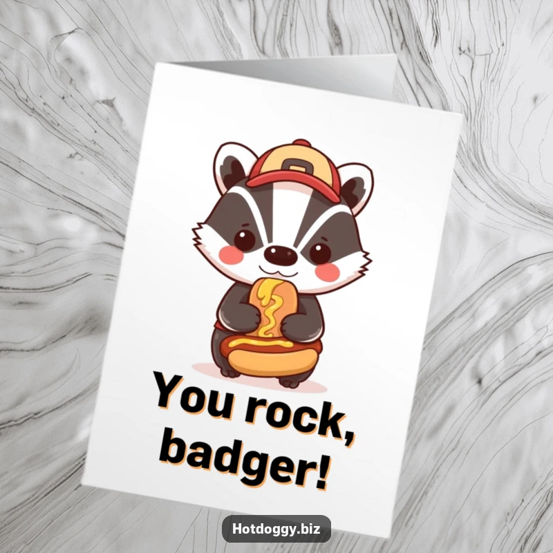 Funny Free Printable Congratulations Card: Bold badger in a cap, proudly applying mustard to a miniature hot dog.