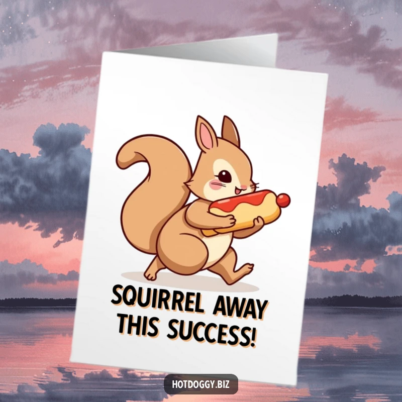 Funny Free Printable Congratulations Card: A squirrel dashes off, clutching a stolen hot dog under its arm.