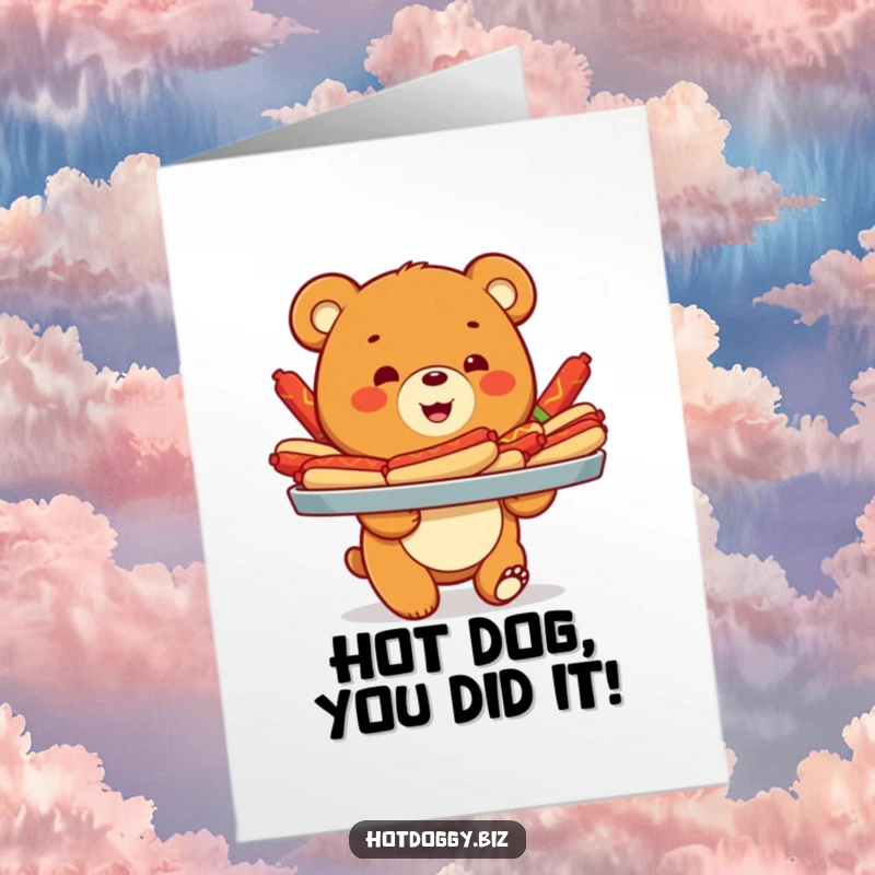 Funny Free Printable Congratulations Card: Adorable bear cub proudly presents a tray overloaded with colorful hot dogs, celebrating a big win.