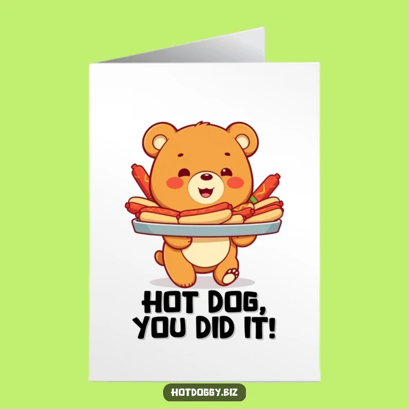 Free Printable Funny Congrats Card: Bear Cub Hot Dog Celebration Downloadable