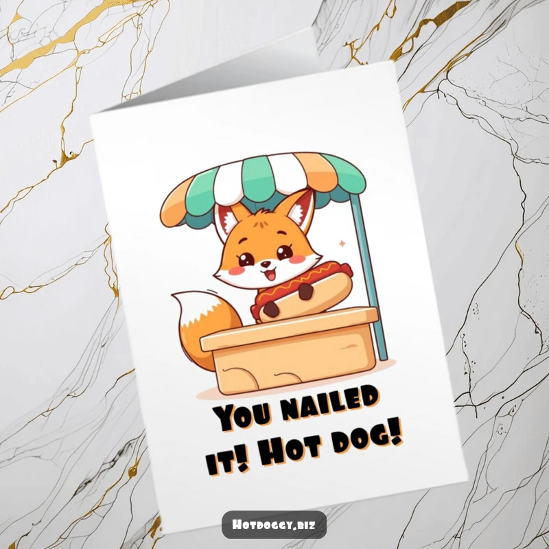 Funny Free Printable Congratulations Card: A fox enthusiastically serves a massive hot dog from a street stand.