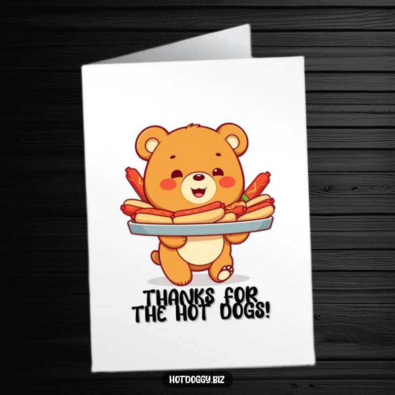 Funny Free Printable Thank You Card: A cheerful bear cub offers a tray brimming with hot dogs as a thank you gift.