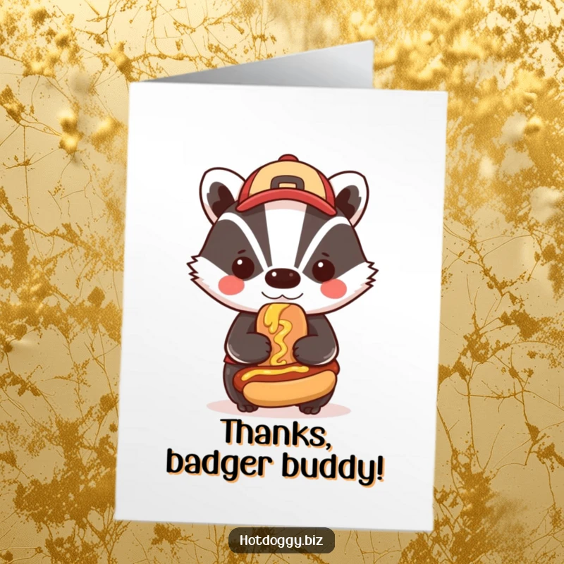Funny Free Printable Thank You Card: Badger wearing a hat, proudly smudging mustard on a miniature hot dog.