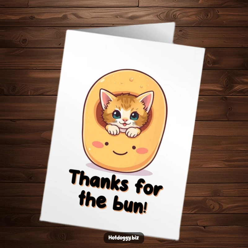 Funny Free Printable Thank You Card: A curious kitten is peeking out from a large, happy hot dog bun.