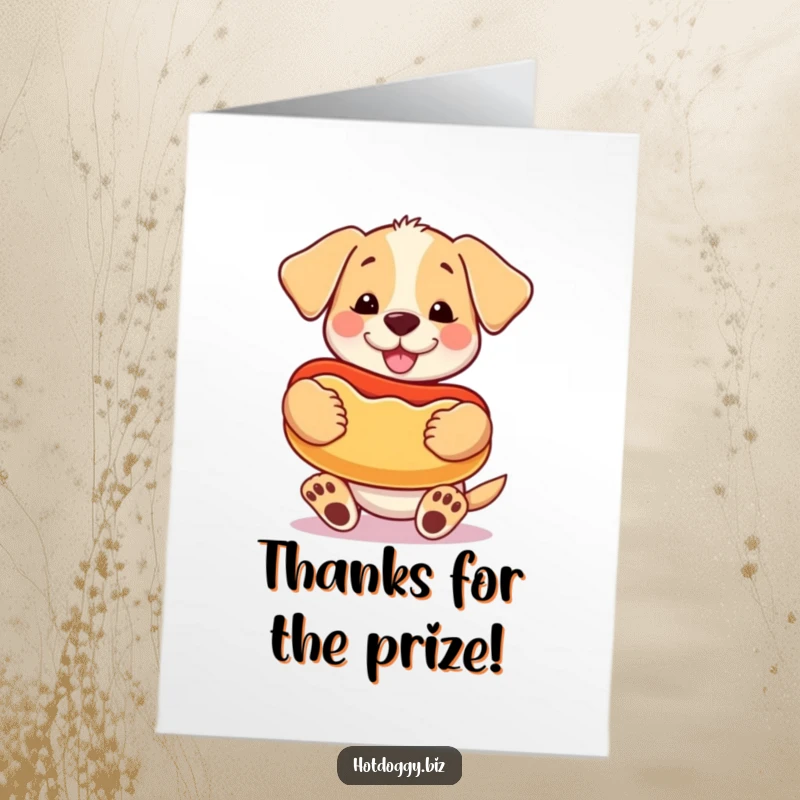 Funny Free Printable Thank You Card: A happy puppy holds a very large, cartoonish hot dog like a beloved toy.