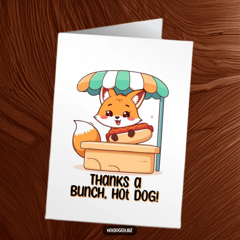Funny Free Printable Thank You Card: A delighted fox offers a comically large hot dog from its food stand.