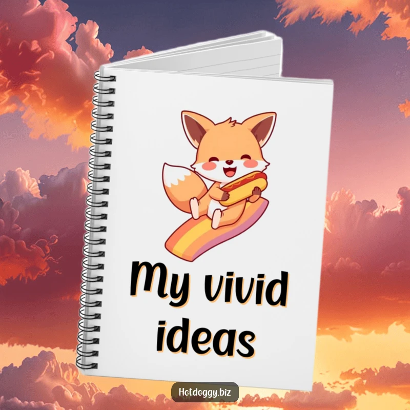 Funny fox slides down a bright rainbow, a miniature hot dog in paw, inspiring creative thoughts with its playful energy on a notebook.