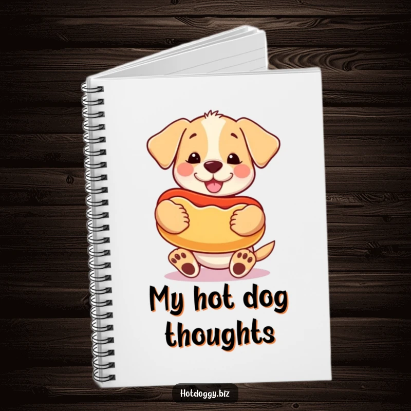 Funny happy puppy holding a giant cartoon hot dog like a prized toy on the cover of a notebook.