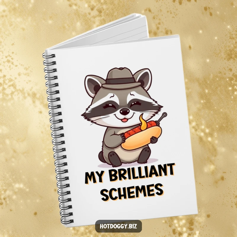 Funny raccoon wearing a tiny fedora winks while presenting a perfectly grilled miniature hot dog, inspiring clever and humorous ideas within this notebook.