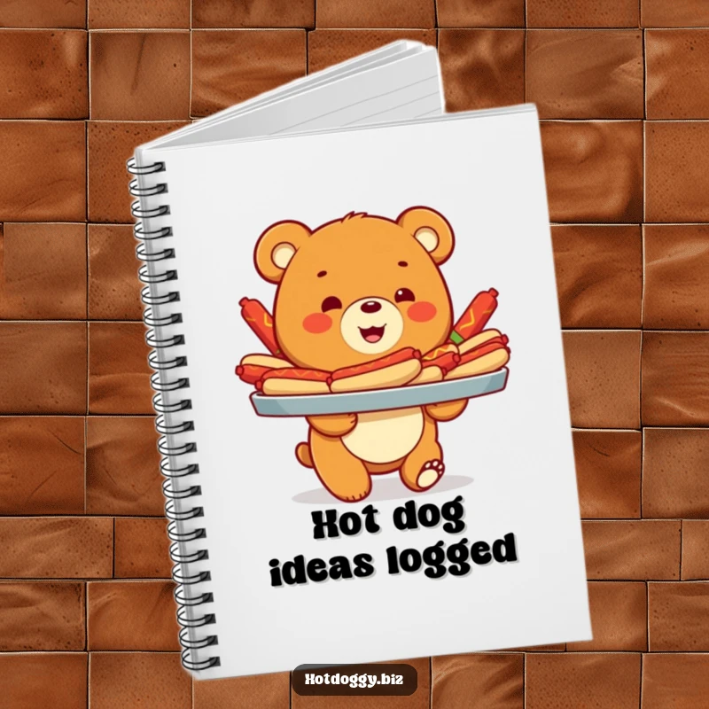 Funny notebook cover featuring a happy bear cub proudly displaying a tray loaded with a delightful variety of colorful hot dogs.