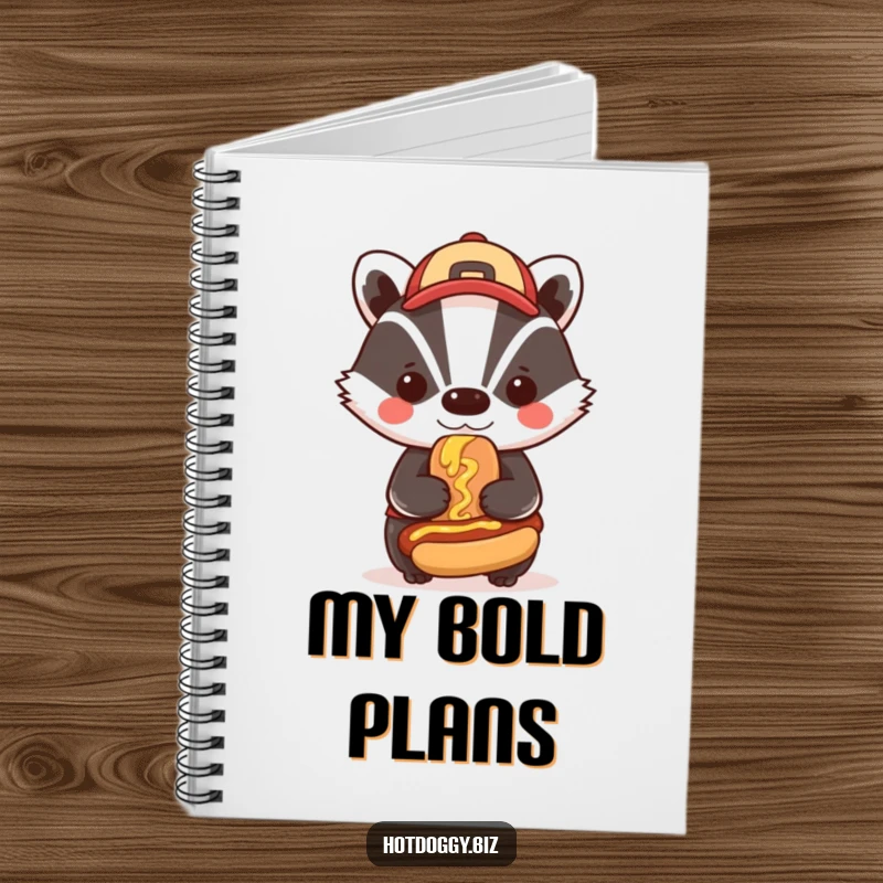 Funny badger wearing a cap proudly smudges mustard on a tiny hot dog, inspiring bold and creative thoughts within this notebook.