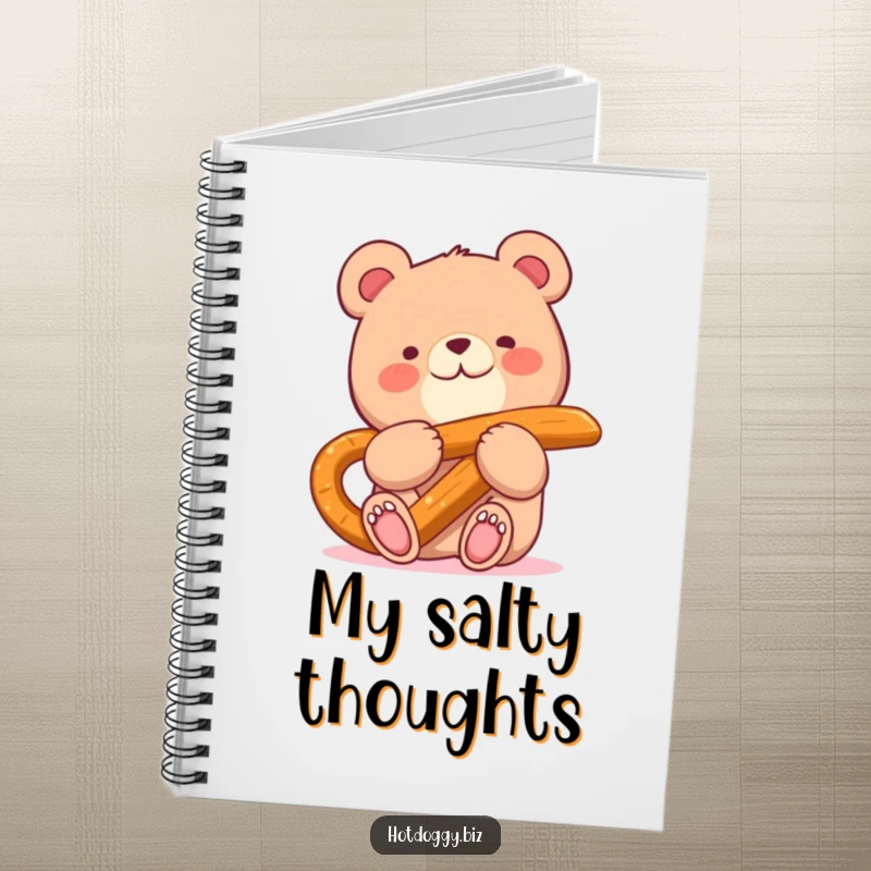 Funny notebook with a cheerful small bear happily eating a giant pretzel stick, inspiring delightful notes.