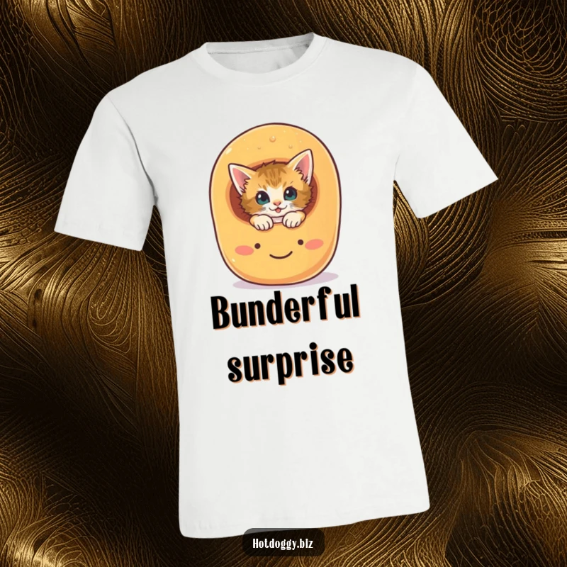 Funny curious kitten peeking out from a smiling, oversized hot dog bun on a t-shirt.
