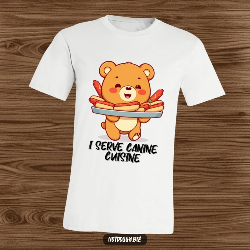 Funny t-shirt showing a happy bear cub gleefully presenting a massive tray filled with a colorful assortment of hot dogs.