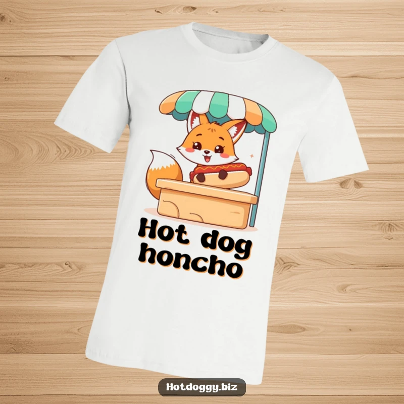 Funny t-shirt featuring a happy fox character holding a huge hot dog, ready to serve it with a smile.