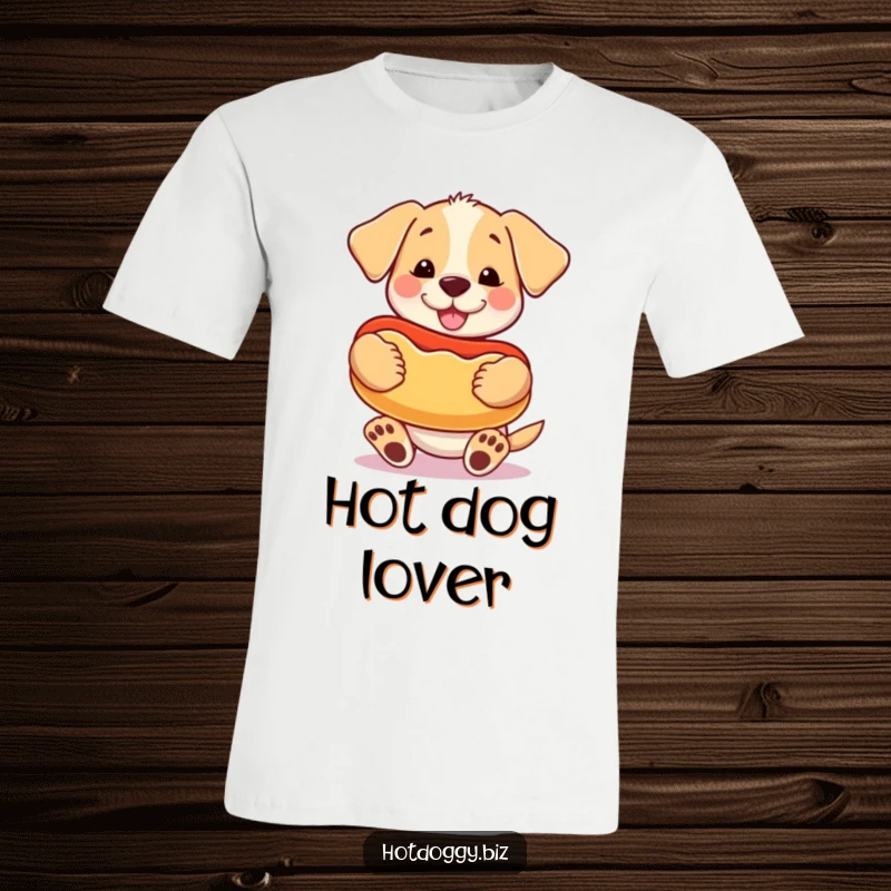 Funny happy puppy joyfully holding a huge cartoon hot dog like a toy on a t-shirt.