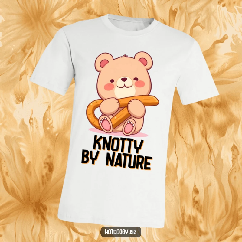 Funny t-shirt depicting a small, joyful bear happily eating a very large pretzel stick.