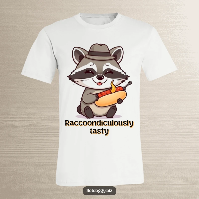 Funny raccoon wearing a tiny fedora winks while presenting a perfectly grilled miniature hot dog, showcasing clever charm on a t-shirt.