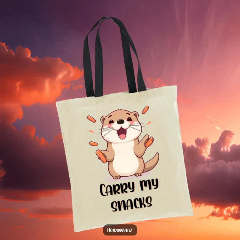 Funny otter tote bag, illustrating a playful otter with paws juggling mini hot dogs, great for everyday use and shopping.