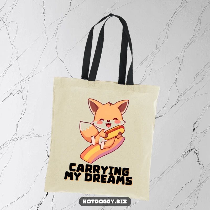 Funny fox joyfully slides down a vibrant rainbow, holding a tiny hot dog, perfect for carrying essentials with a smile on this tote bag.