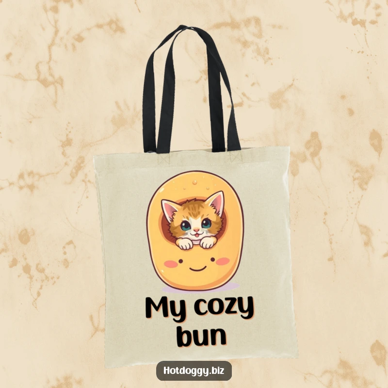 Funny curious kitten peeking out from a smiling hot dog bun on a durable tote bag.