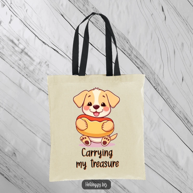 Funny happy puppy holding a giant cartoon hot dog like a treasured toy on a durable tote bag.