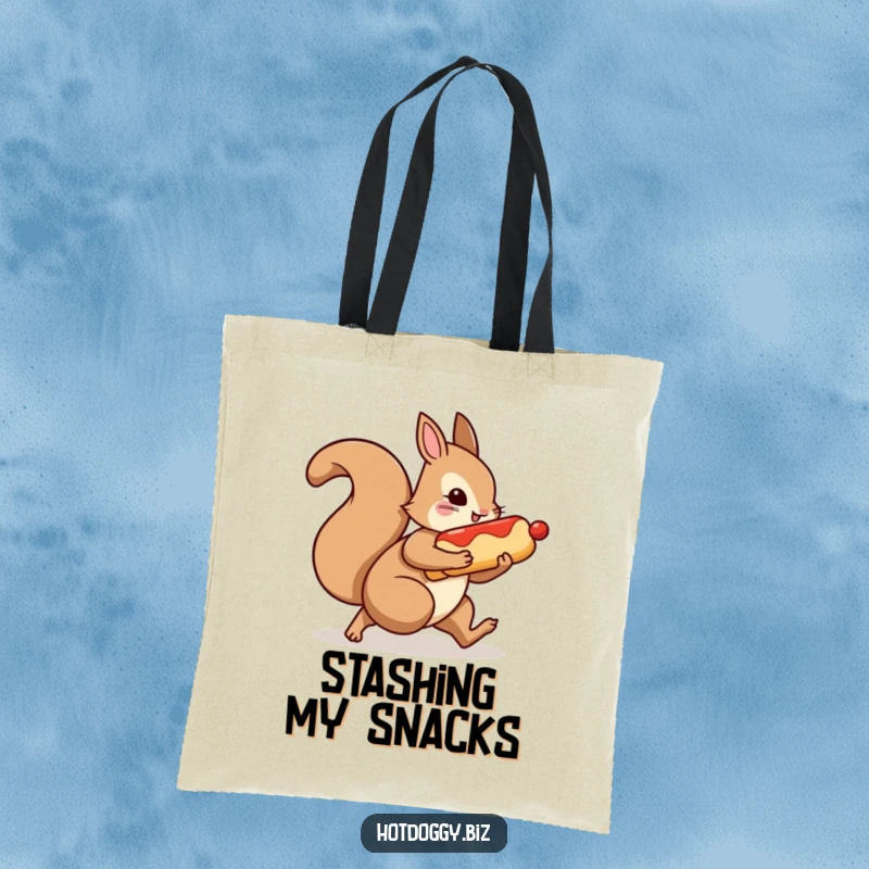 Funny tote bag depicting a squirrel character scurrying with a hot dog clutched tightly under its arm.